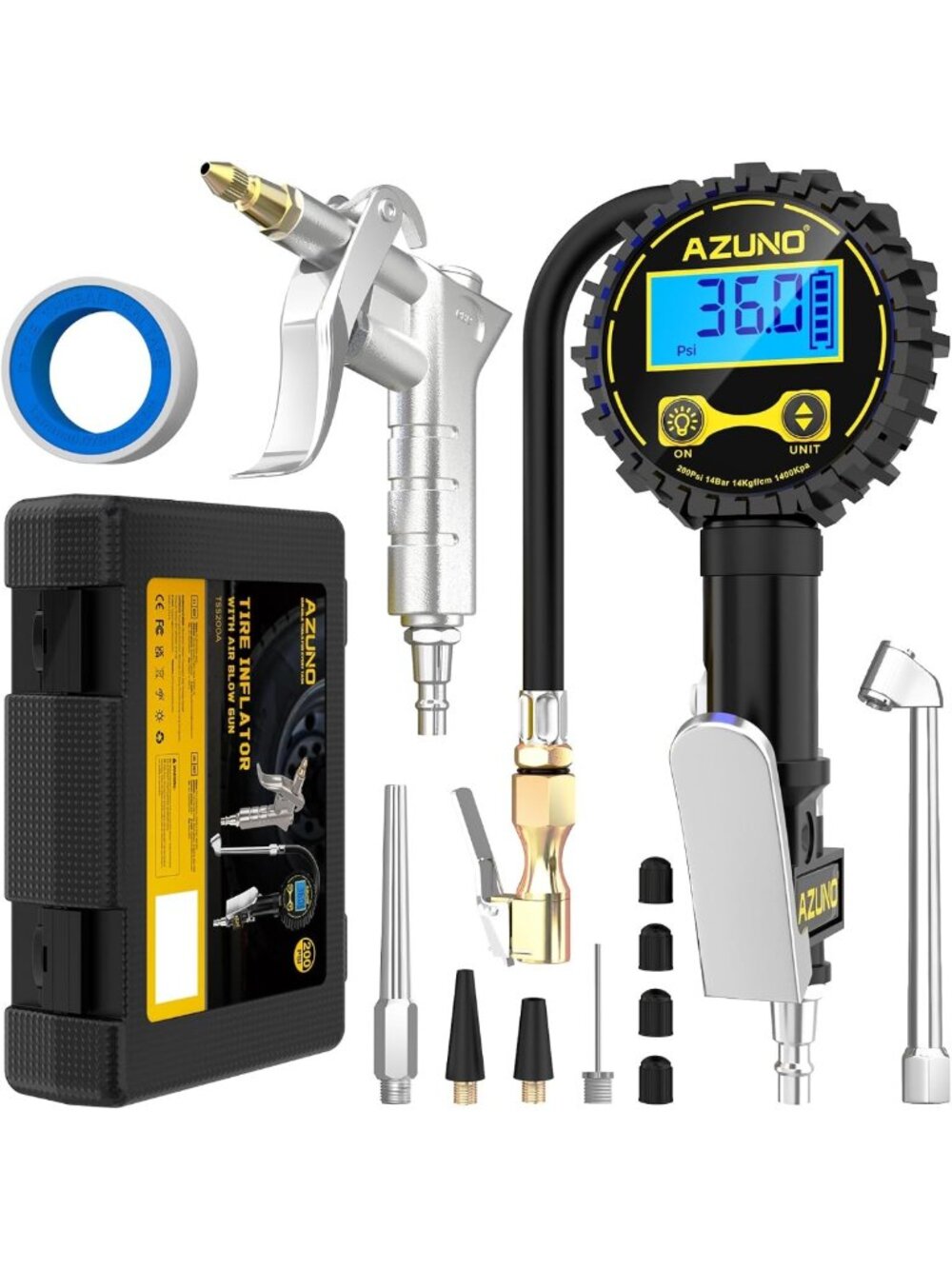 3-in-1 Digital Tire Pressure Gauge & Inflator, 200PSI, LED Screen, Air Blow Gun